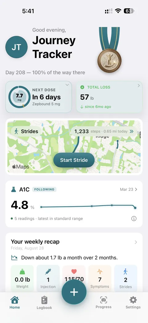 Home screen: next dose, total loss, Strides and A1C